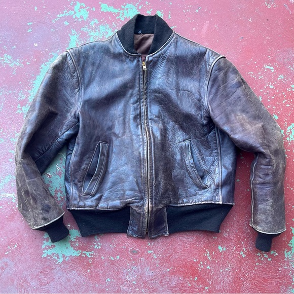 Other - Distressed Vintage Brown Leather Oversized Bomber Jacket M